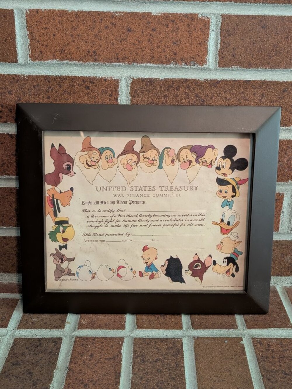 Vintage 1944 Walt Disney WWII War Bond Certificate – U.S. Treasury War Finance